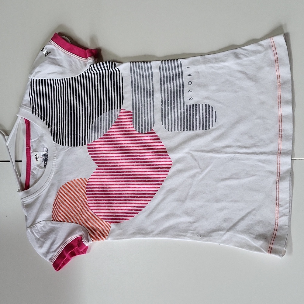 Fila White Crewneck T-shirt with Glittery Stripe Designs on the Front